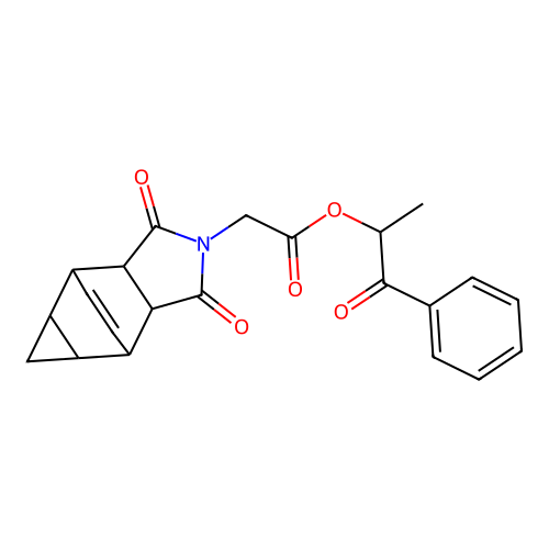 1-methyl-2-oxo-2-phenylethyl 2-(3,5-dioxo-4-azatetracyclo[5.3.2.0<2,6>.0<8,10> ]dodec-11-en-4-yl)acetate structure
