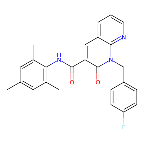 1-(4-fluorobenzyl)-N-mesityl-2-oxo-1,2-dihydro-1,8-naphthyridine-3-carboxamide structure