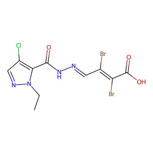 2,3-dibromo-4-[(4-chloro-2-ethyl-pyrazole-3-carbonyl)hydrazinylidene]but-2-enoic Acid structure