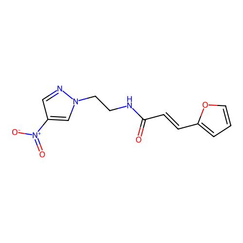 (E)-3-(furan-2-yl)-N-[2-(4-nitropyrazol-1-yl)ethyl]prop-2-enamide structure