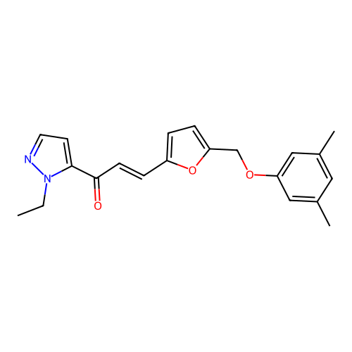 (E)-3-[5-[(3,5-dimethylphenoxy)methyl]furan-2-yl]-1-(2-ethylpyrazol-3-yl)prop-2-en-1-one structure