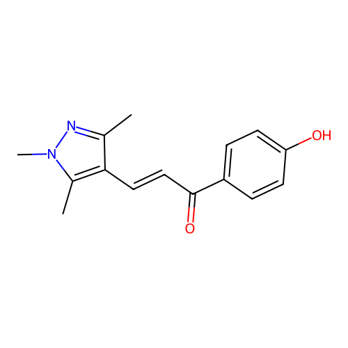 (2E)-1-(4-hydroxyphenyl)-3-(1,3,5-trimethyl-1H-pyrazol-4-yl)prop-2-en-1-one structure