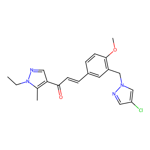 (E)-3-[3-[(4-chloropyrazol-1-yl)methyl]-4-methoxyphenyl]-1-(1-ethyl-5-methylpyrazol-4-yl)prop-2-en-1-one structure