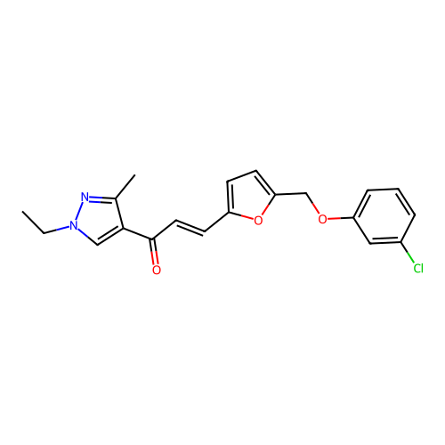 (E)-3-[5-[(3-chlorophenoxy)methyl]furan-2-yl]-1-(1-ethyl-3-methylpyrazol-4-yl)prop-2-en-1-one structure