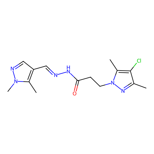 3-(4-chloro-3,5-dimethylpyrazol-1-yl)-N-[(E)-(1,5-dimethylpyrazol-4-yl)methylideneamino]propanamide structure