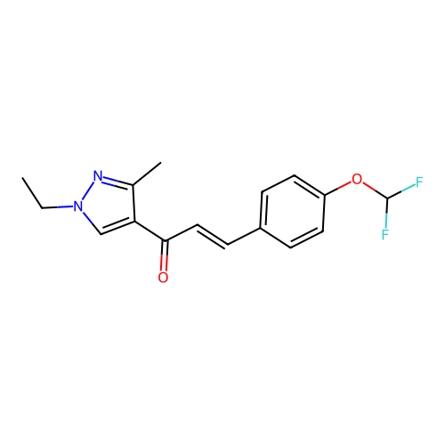 (E)-3-[4-(difluoromethoxy)phenyl]-1-(1-ethyl-3-methylpyrazol-4-yl)prop-2-en-1-one structure