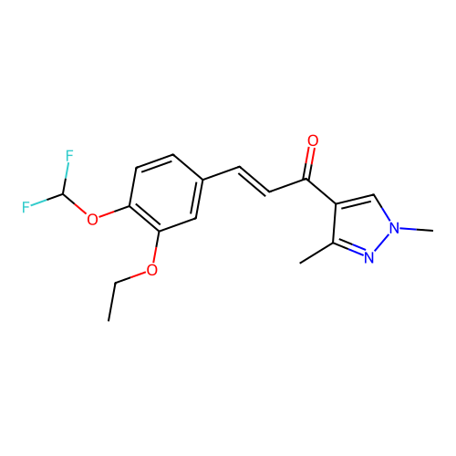 (E)-3-[4-(difluoromethoxy)-3-ethoxyphenyl]-1-(1,3-dimethylpyrazol-4-yl)prop-2-en-1-one structure