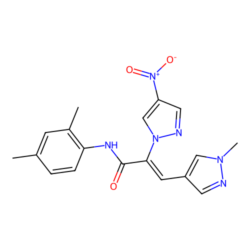 (Z)-N-(2,4-dimethylphenyl)-3-(1-methylpyrazol-4-yl)-2-(4-nitropyrazol-1-yl)prop-2-enamide structure