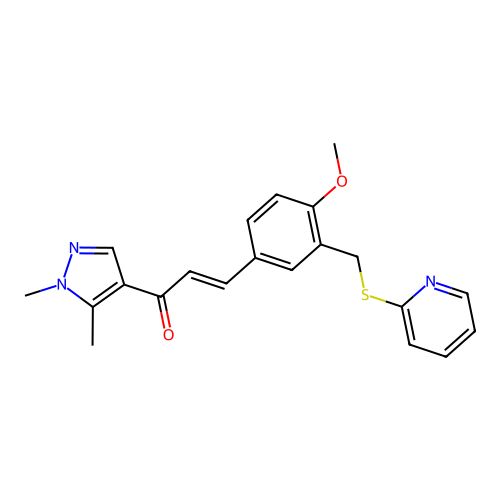 (E)-1-(1,5-dimethylpyrazol-4-yl)-3-[4-methoxy-3-(pyridin-2-ylsulfanylmethyl)phenyl]prop-2-en-1-one structure