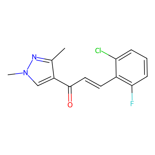 (E)-3-(2-chloro-6-fluorophenyl)-1-(1,3-dimethylpyrazol-4-yl)prop-2-en-1-one structure