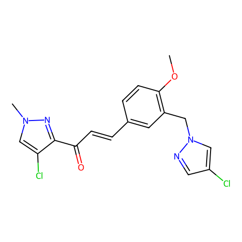 (E)-1-(4-chloro-1-methylpyrazol-3-yl)-3-[3-[(4-chloropyrazol-1-yl)methyl]-4-methoxyphenyl]prop-2-en-1-one structure