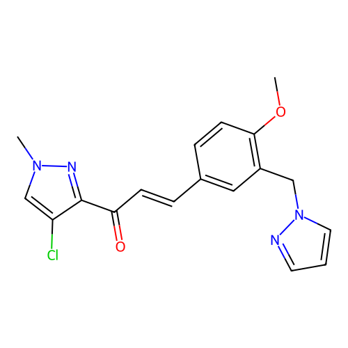 (E)-1-(4-chloro-1-methylpyrazol-3-yl)-3-[4-methoxy-3-(pyrazol-1-ylmethyl)phenyl]prop-2-en-1-one structure