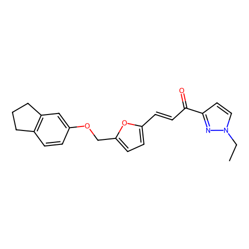 (E)-3-[5-(2,3-dihydro-1H-inden-5-yloxymethyl)furan-2-yl]-1-(1-ethylpyrazol-3-yl)prop-2-en-1-one structure