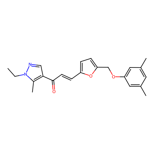 (E)-3-[5-[(3,5-dimethylphenoxy)methyl]furan-2-yl]-1-(1-ethyl-5-methylpyrazol-4-yl)prop-2-en-1-one structure
