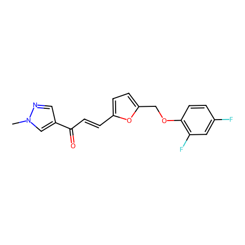 (E)-3-[5-[(2,4-difluorophenoxy)methyl]furan-2-yl]-1-(1-methylpyrazol-4-yl)prop-2-en-1-one structure