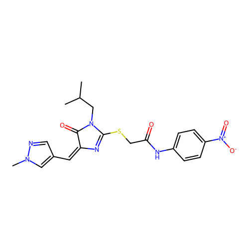 2-[(4E)-1-(2-methylpropyl)-4-[(1-methylpyrazol-4-yl)methylidene]-5-oxoimidazol-2-yl]sulfanyl-N-(4-nitrophenyl)acetamide structure