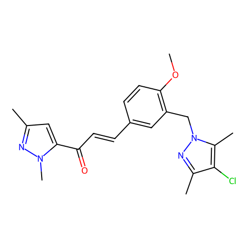 (E)-3-[3-[(4-chloro-3,5-dimethylpyrazol-1-yl)methyl]-4-methoxyphenyl]-1-(2,5-dimethylpyrazol-3-yl)prop-2-en-1-one structure