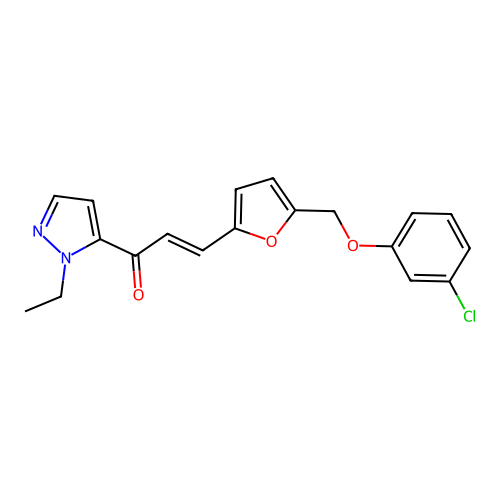 (E)-3-[5-[(3-chlorophenoxy)methyl]furan-2-yl]-1-(2-ethylpyrazol-3-yl)prop-2-en-1-one structure