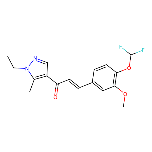 (E)-3-[4-(difluoromethoxy)-3-methoxyphenyl]-1-(1-ethyl-5-methylpyrazol-4-yl)prop-2-en-1-one structure