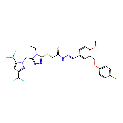 2-[(5-{[3,5-bis(difluoromethyl)-1H-pyrazol-1-yl]methyl}-4-ethyl-4H-1,2,4-triazol-3-yl)sulfanyl]-N'-[(E)-{3-[(4-bromophenoxy)methyl]-4-methoxyphenyl}methylidene]acetohydrazide structure