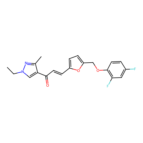 (E)-3-[5-[(2,4-difluorophenoxy)methyl]furan-2-yl]-1-(1-ethyl-3-methylpyrazol-4-yl)prop-2-en-1-one structure