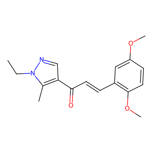 (E)-3-(2,5-dimethoxyphenyl)-1-(1-ethyl-5-methylpyrazol-4-yl)prop-2-en-1-one structure