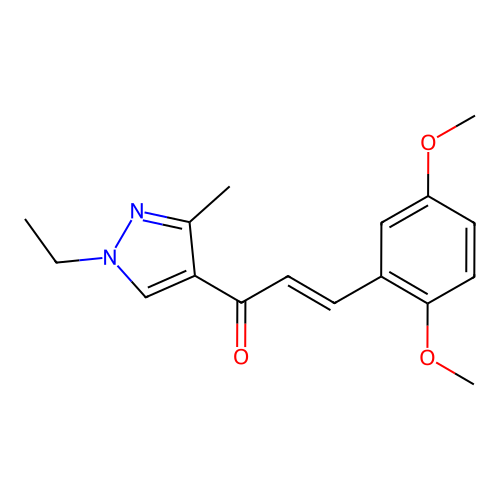 (E)-3-(2,5-dimethoxyphenyl)-1-(1-ethyl-3-methylpyrazol-4-yl)prop-2-en-1-one structure