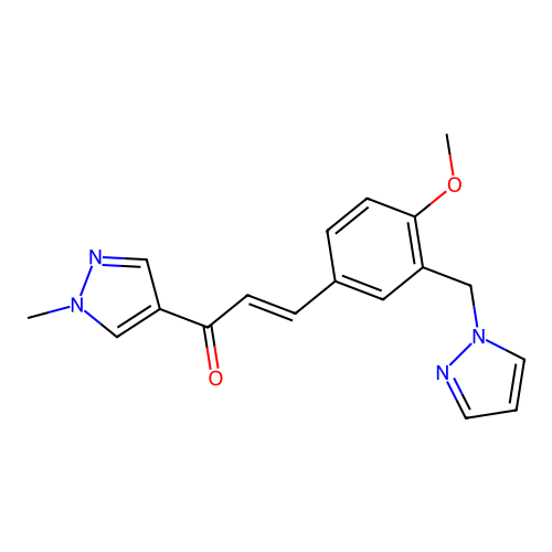 (E)-3-[4-methoxy-3-(pyrazol-1-ylmethyl)phenyl]-1-(1-methylpyrazol-4-yl)prop-2-en-1-one structure