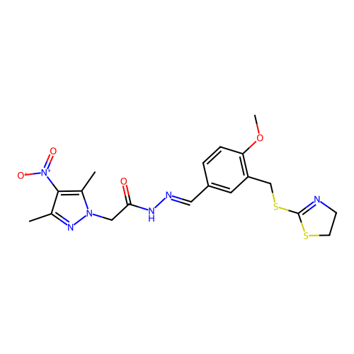 (E)-N'-(3-(((4,5-dihydrothiazol-2-yl)thio)methyl)-4-methoxybenzylidene)-2-(3,5-dimethyl-4-nitro-1H-pyrazol-1-yl)acetohydrazide structure