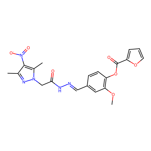 (E)-4-((2-(2-(3,5-dimethyl-4-nitro-1H-pyrazol-1-yl)acetyl)hydrazono)methyl)-2-methoxyphenyl furan-2-carboxylate structure