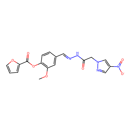 (E)-2-methoxy-4-((2-(2-(4-nitro-1H-pyrazol-1-yl)acetyl)hydrazono)methyl)phenyl furan-2-carboxylate structure