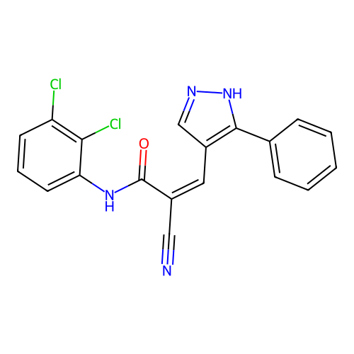 (Z)-2-cyano-N-(2,3-dichlorophenyl)-3-(5-phenyl-1H-pyrazol-4-yl)prop-2-enamide structure