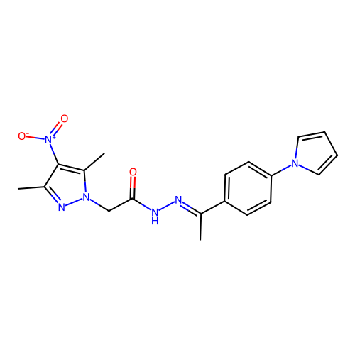 2-(3,5-dimethyl-4-nitro-pyrazol-1-yl)-N-[1-(4-pyrrol-1-ylphenyl)ethylideneamino]acetamide structure