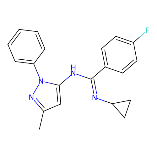 N-cyclopropyl-4-fluoro-N'-(3-methyl-1-phenyl-1H-pyrazol-5-yl)benzene-1-carboximidamide structure
