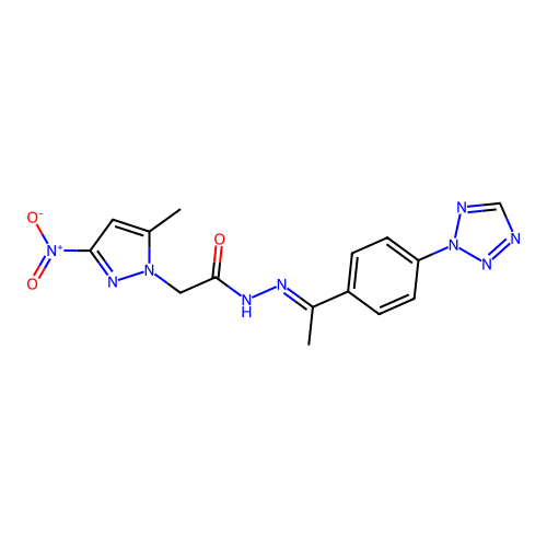 2-(5-methyl-3-nitro-pyrazol-1-yl)-N-[1-[4-(tetrazol-2-yl)phenyl]ethylideneamino]acetamide structure