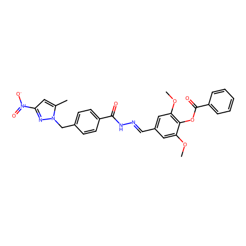 (E)-2,6-dimethoxy-4-((2-(4-((5-methyl-3-nitro-1H-pyrazol-1-yl)methyl)benzoyl)hydrazono)methyl)phenyl benzoate structure