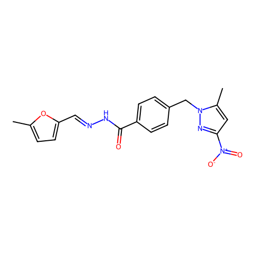 (E)-4-((5-methyl-3-nitro-1H-pyrazol-1-yl)methyl)-N'-((5-methylfuran-2-yl)methylene)benzohydrazide structure
