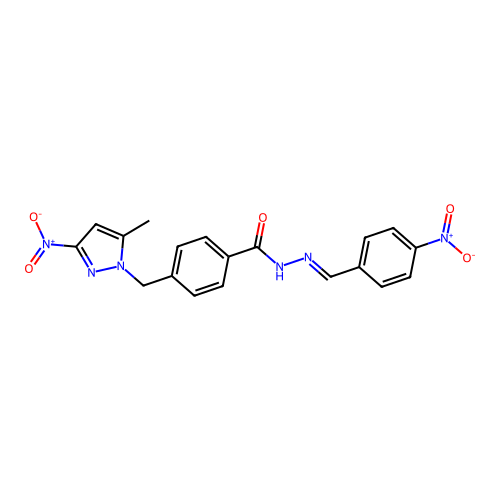 (E)-4-((5-methyl-3-nitro-1H-pyrazol-1-yl)methyl)-N'-(4-nitrobenzylidene)benzohydrazide structure