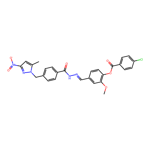 (E)-2-methoxy-4-((2-(4-((5-methyl-3-nitro-1H-pyrazol-1-yl)methyl)benzoyl)hydrazono)methyl)phenyl 4-chlorobenzoate structure