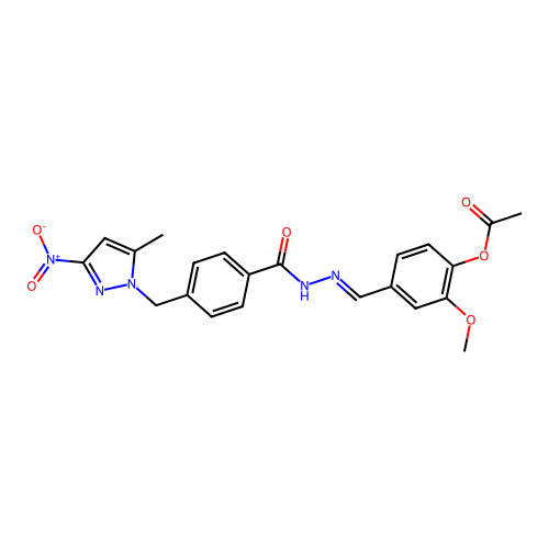 (E)-2-methoxy-4-((2-(4-((5-methyl-3-nitro-1H-pyrazol-1-yl)methyl)benzoyl)hydrazono)methyl)phenyl acetate structure