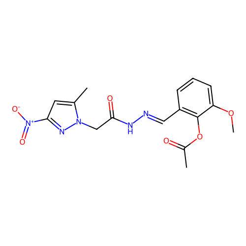 (E)-2-methoxy-6-((2-(2-(5-methyl-3-nitro-1H-pyrazol-1-yl)acetyl)hydrazono)methyl)phenyl acetate structure