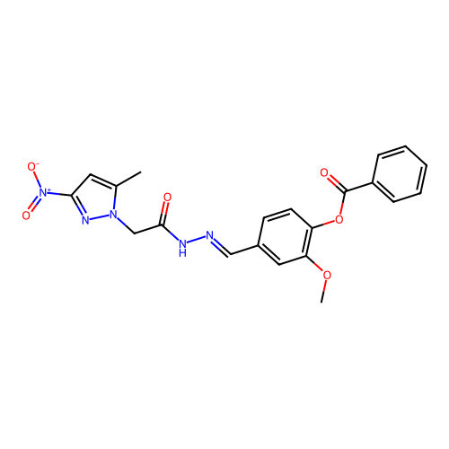 2-methoxy-4-[(E)-{2-[(5-methyl-3-nitro-1H-pyrazol-1-yl)acetyl]hydrazinylidene}methyl]phenyl benzoate structure