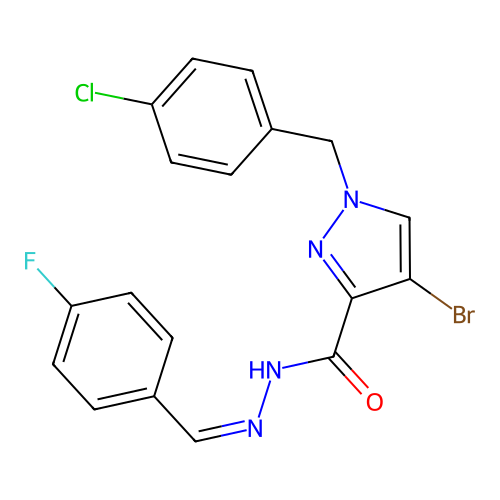 4-bromo-1-[(4-chlorophenyl)methyl]-N-[(Z)-(4-fluorophenyl)methylideneamino]pyrazole-3-carboxamide structure