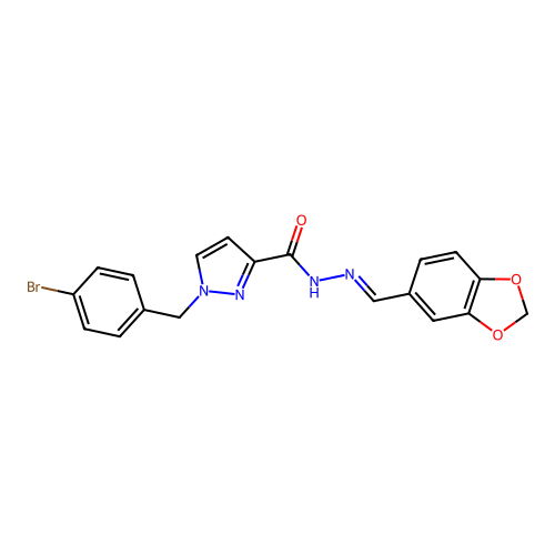 N'-[(1,3-dioxaindan-5-yl)methylidene]-1-[(4-bromophenyl)methyl]-1H-pyrazole-3-carbohydrazide structure