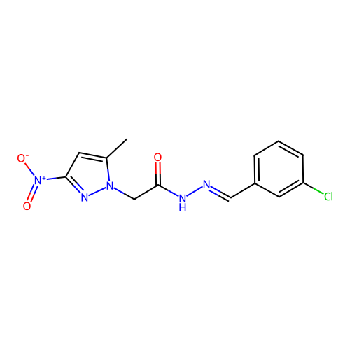 (E)-N'-(3-chlorobenzylidene)-2-(5-methyl-3-nitro-1H-pyrazol-1-yl)acetohydrazide structure