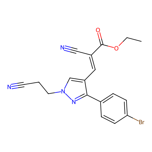 ethyl (2Z)-3-[3-(4-bromophenyl)-1-(2-cyanoethyl)-1H-pyrazol-4-yl]-2-cyanoprop-2-enoate structure