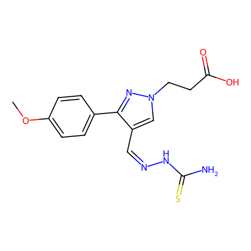 (Z)-3-(4-((2-carbamothioylhydrazono)methyl)-3-(4-methoxyphenyl)-1H-pyrazol-1-yl)propanoic acid structure