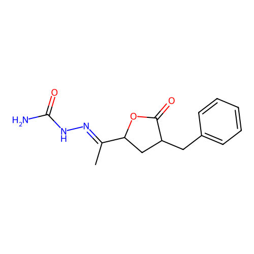 (2E)-2-[1-(4-benzyl-5-oxotetrahydrofuran-2-yl)ethylidene]hydrazinecarboxamide structure