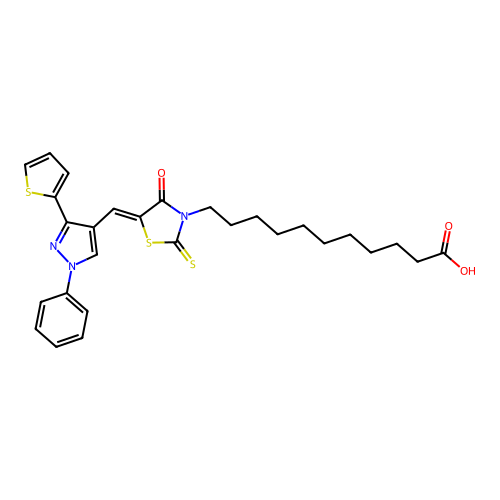 (Z)-11-(4-oxo-5-((1-phenyl-3-(thiophen-2-yl)-1H-pyrazol-4-yl)methylene)-2-thioxothiazolidin-3-yl)undecanoic acid structure