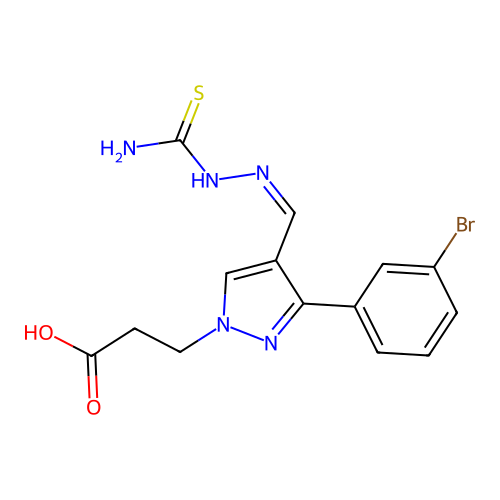 (Z)-3-(3-(3-bromophenyl)-4-((2-carbamothioylhydrazono)methyl)-1H-pyrazol-1-yl)propanoic acid structure